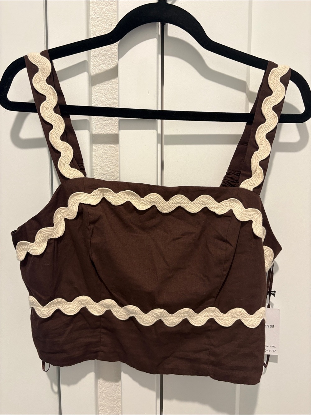 Brown Crop Cotton Tank Top with Cream Trim